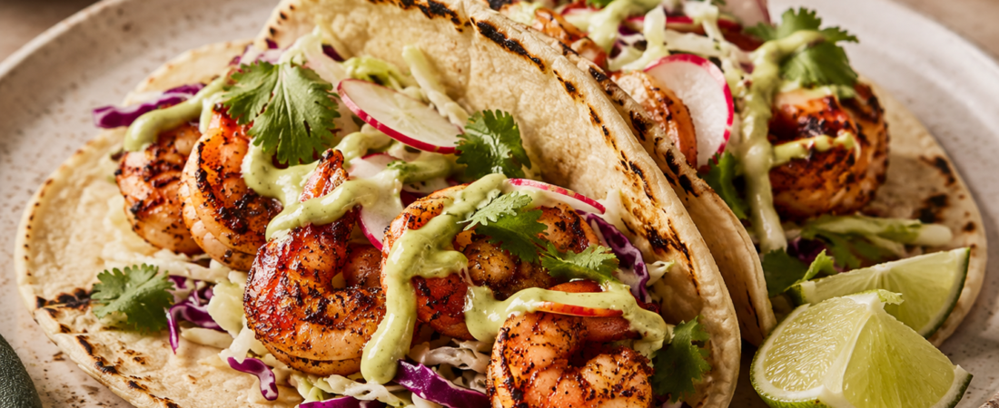 Blackened Shrimp Tacos with Cabbage Slaw & Avocado Crema