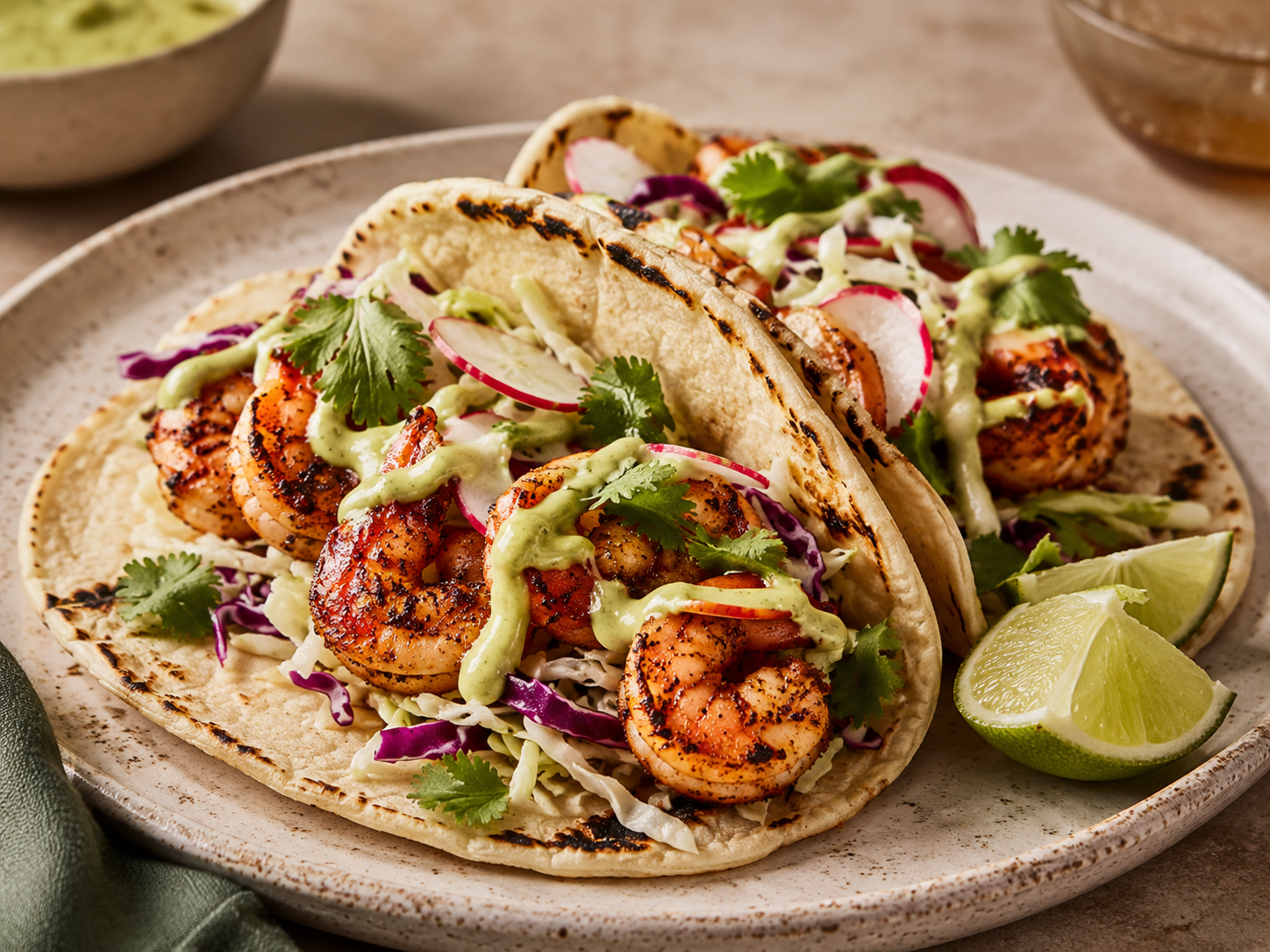 Blackened Shrimp Tacos with Cabbage Slaw & Avocado Crema