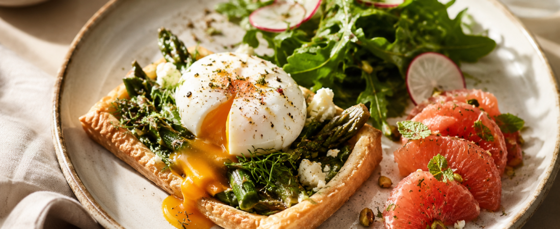 Asparagus Puff Pastry Tart with Poached Egg, Citrus & Herb Salad