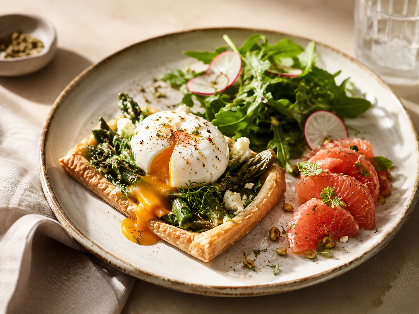 Asparagus Puff Pastry Tart with Poached Egg, Citrus & Herb Salad