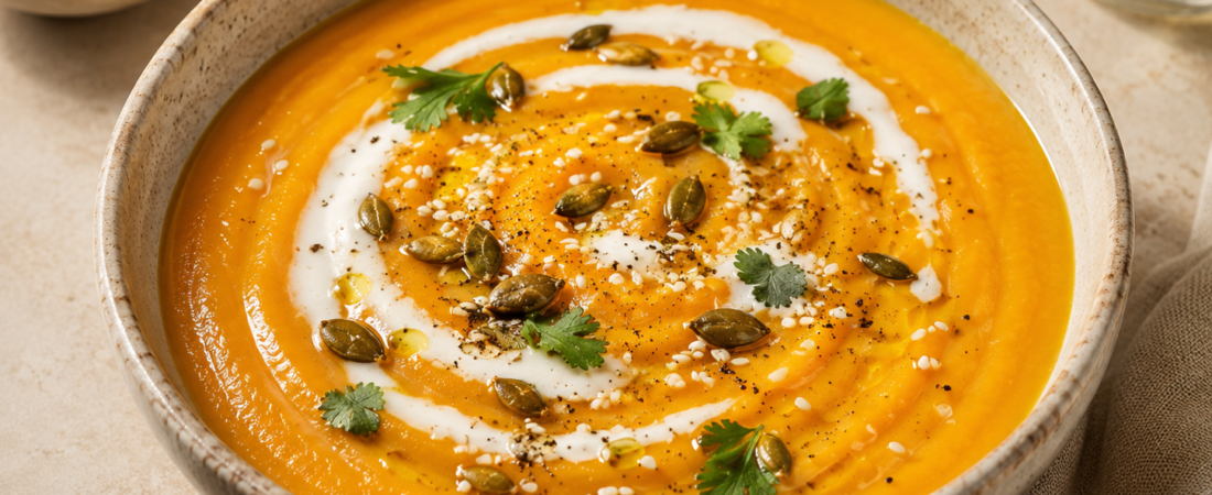 Carrot Ginger Soup with Coconut Milk & Toasted Seeds