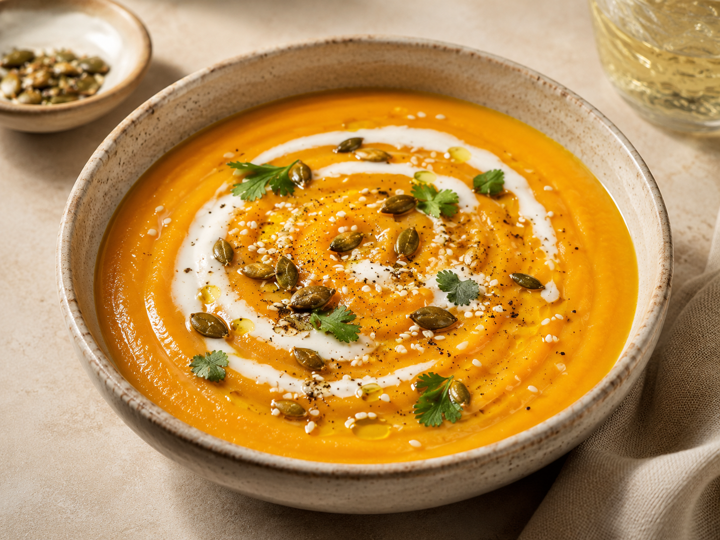 Carrot Ginger Soup with Coconut Milk & Toasted Seeds