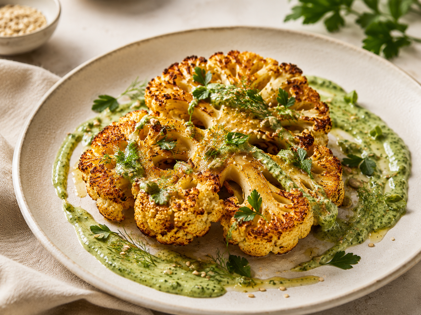 Crispy Cauliflower Steaks with Green Herb Tahini