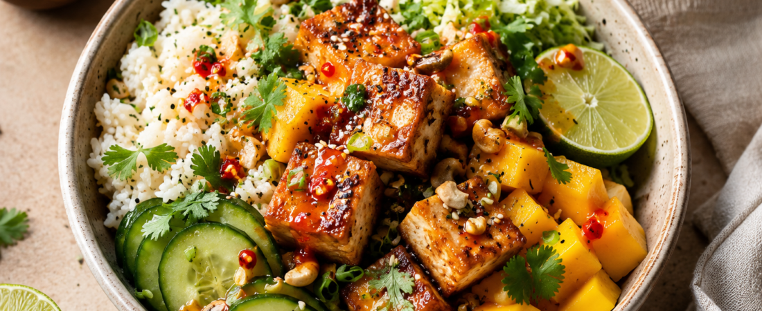 Crispy Tofu Bowls with Mango, Cucumber & chili-lime sauce