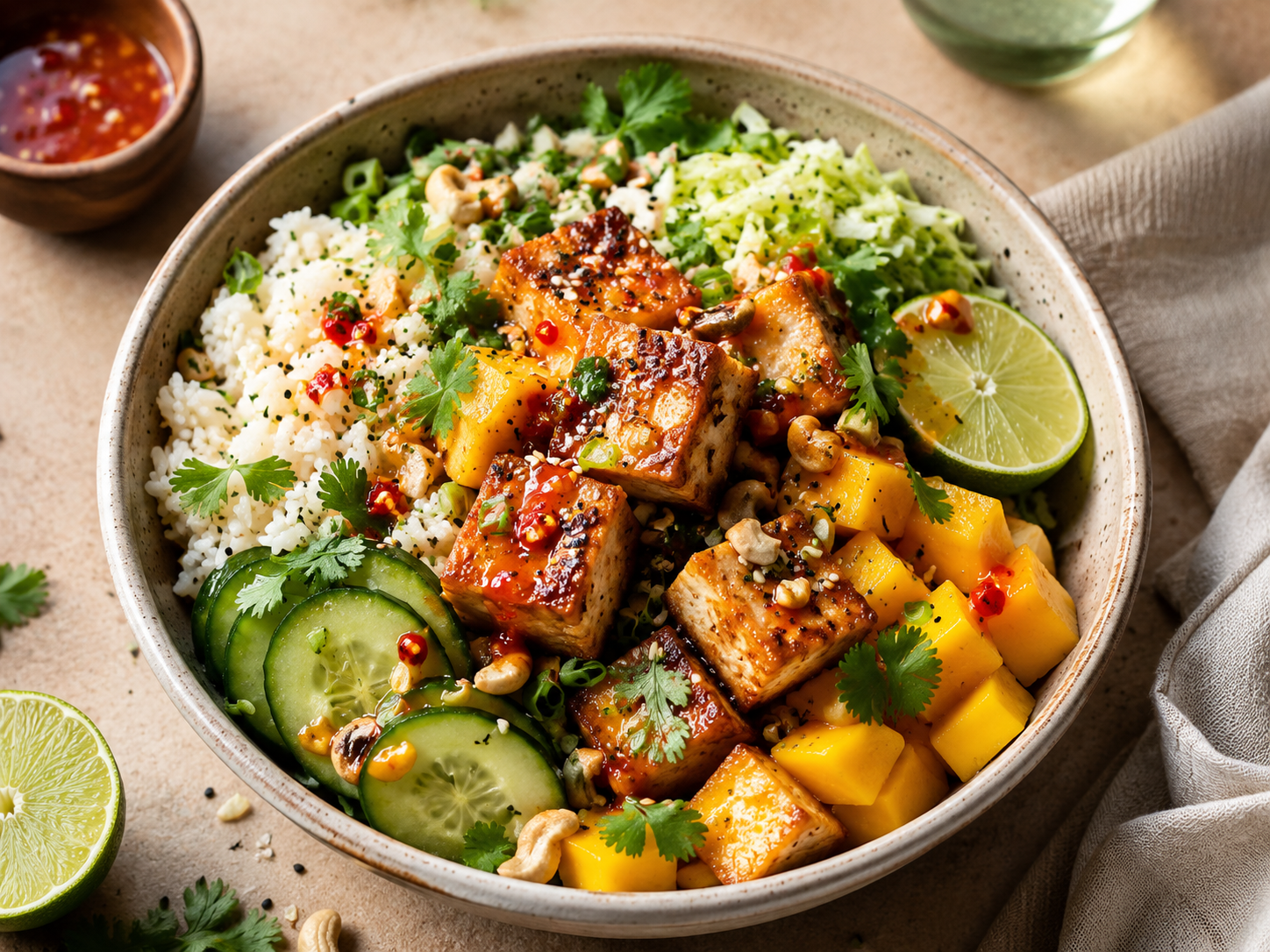 Crispy Tofu Bowls with Mango, Cucumber & chili-lime sauce