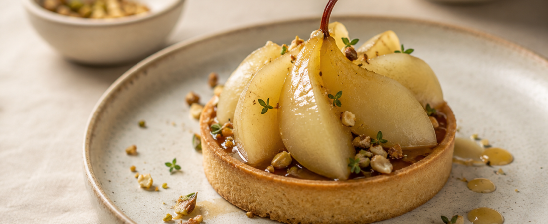 Poached Pear Tart with Pistachios, Thyme & Honey Glaze
