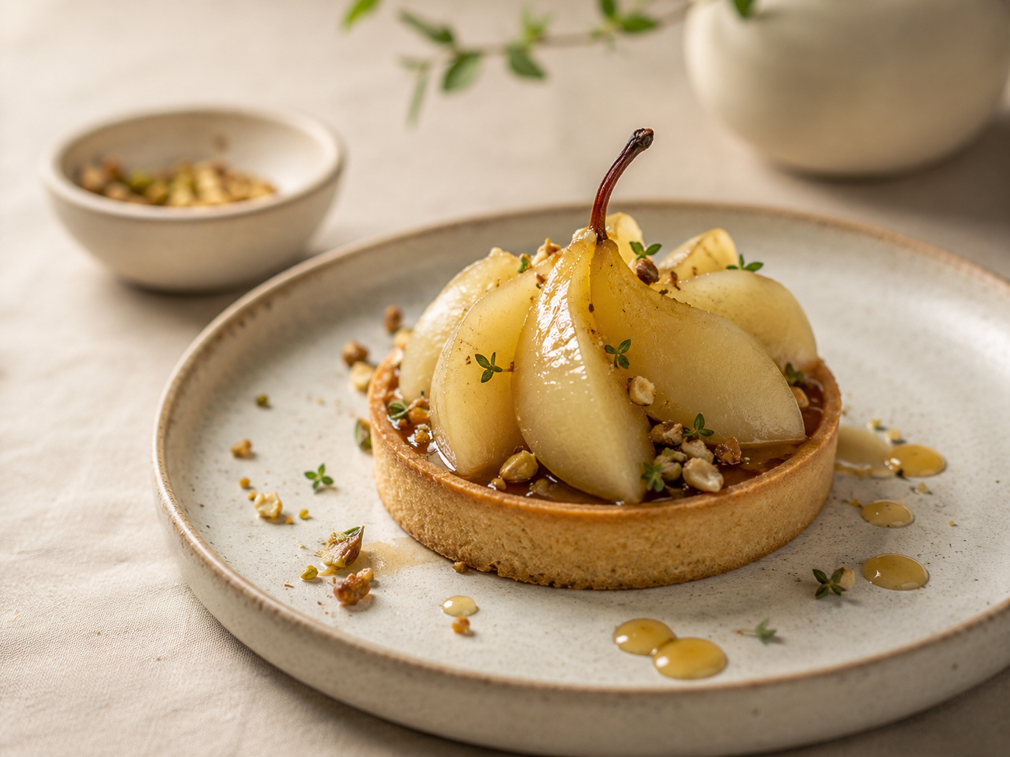 Poached Pear Tart with Pistachios, Thyme & Honey Glaze