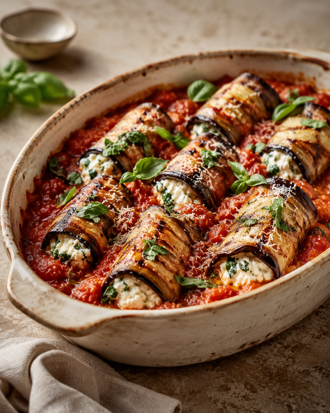 Eggplant Involtini (Rollatini) with Herbed Ricotta & Tomato Basil Sauce