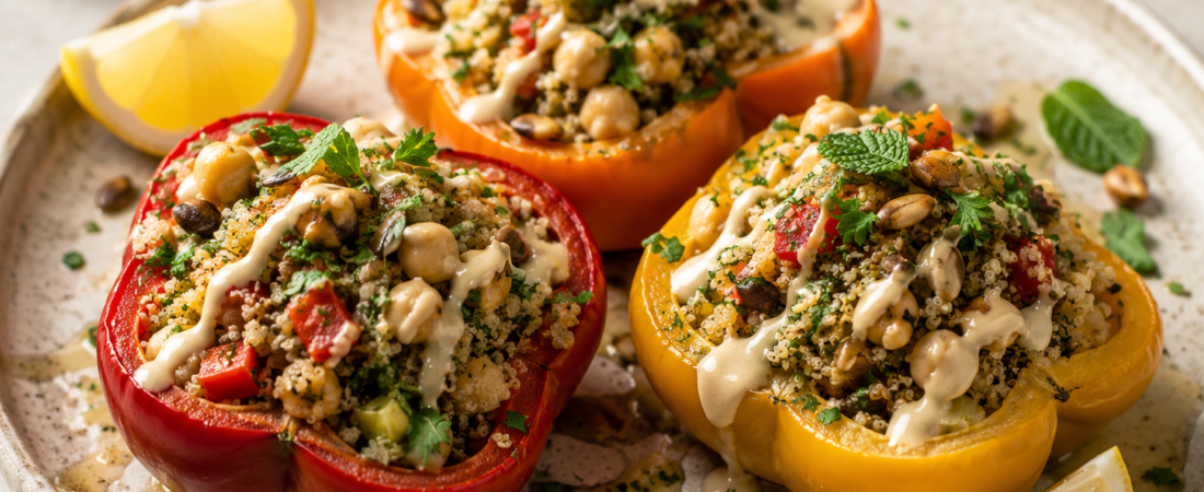 Herbed quinoa-stuffed peppers with tahini drizzle