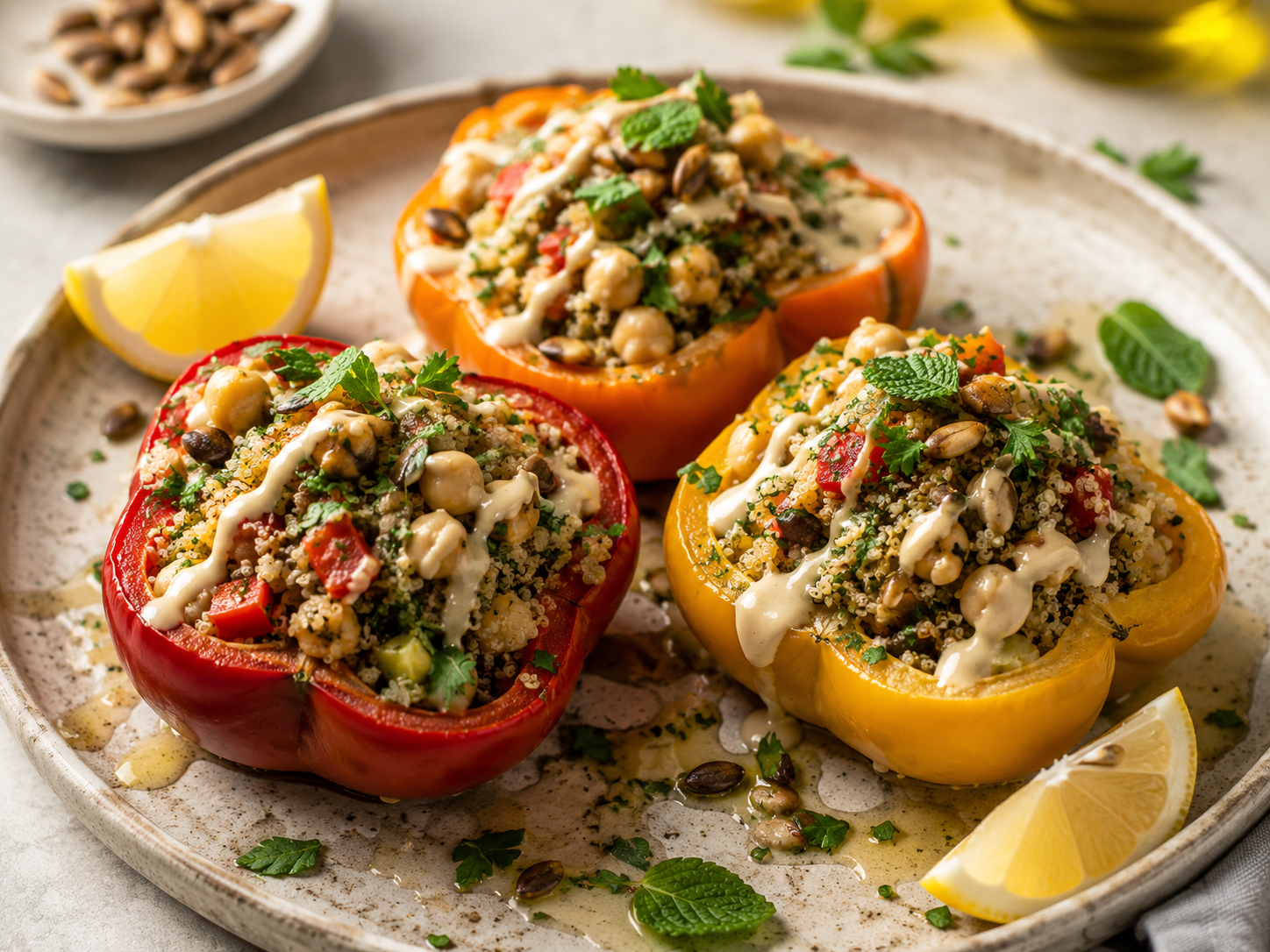 Herbed quinoa-stuffed peppers with tahini drizzle