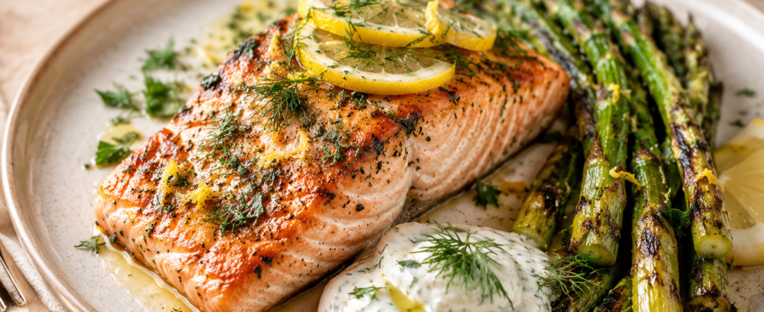 Lemon-Herb Salmon with Charred Asparagus & Dill Yogurt Sauce