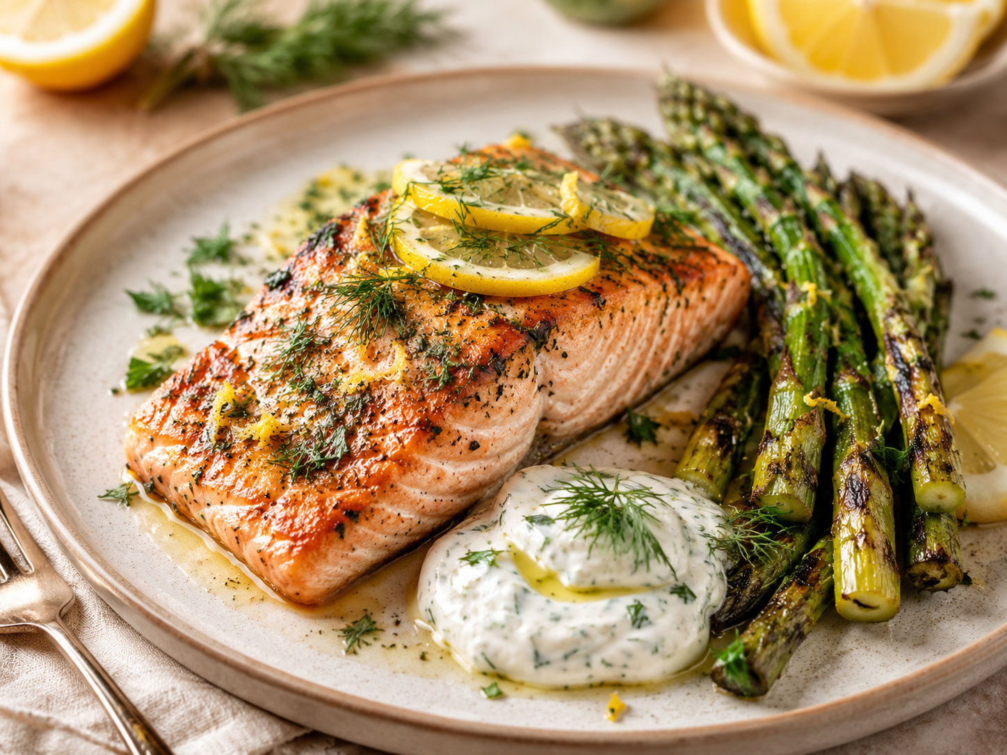 Lemon-Herb Salmon with Charred Asparagus & Dill Yogurt Sauce