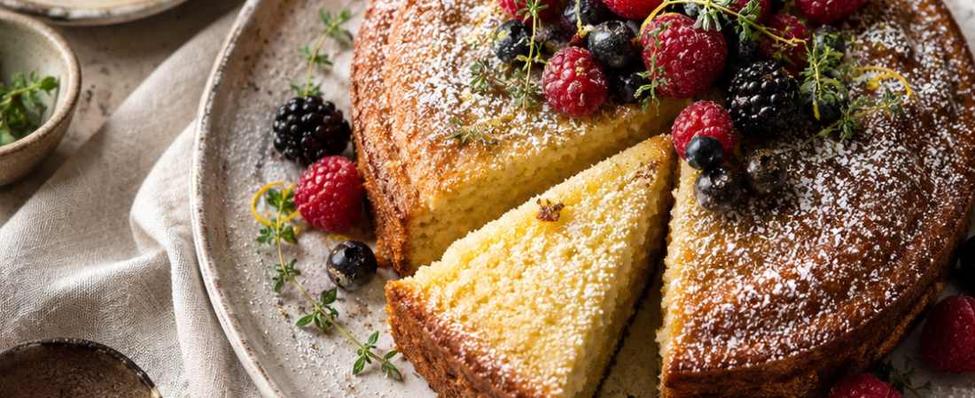 Lemon Olive Oil Cake with Thyme & Berries