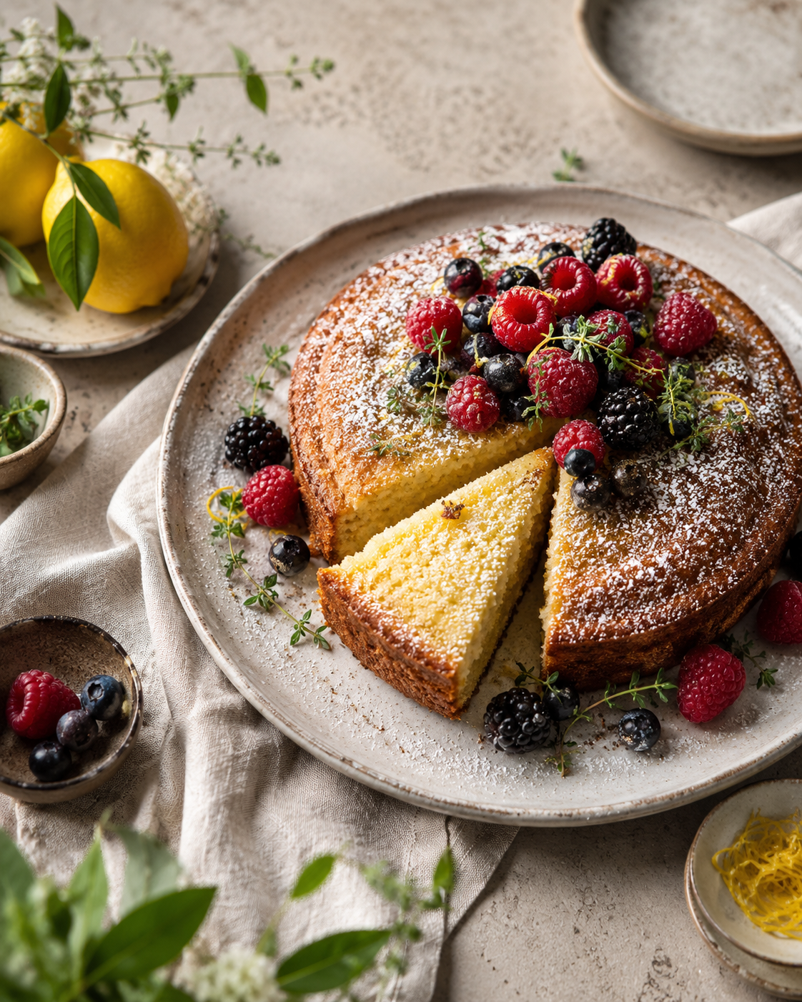 Lemon Olive Oil Cake with Thyme & Berries