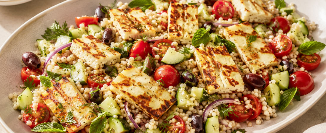 Mediterranean Pearl Couscous Salad with Grilled Halloumi