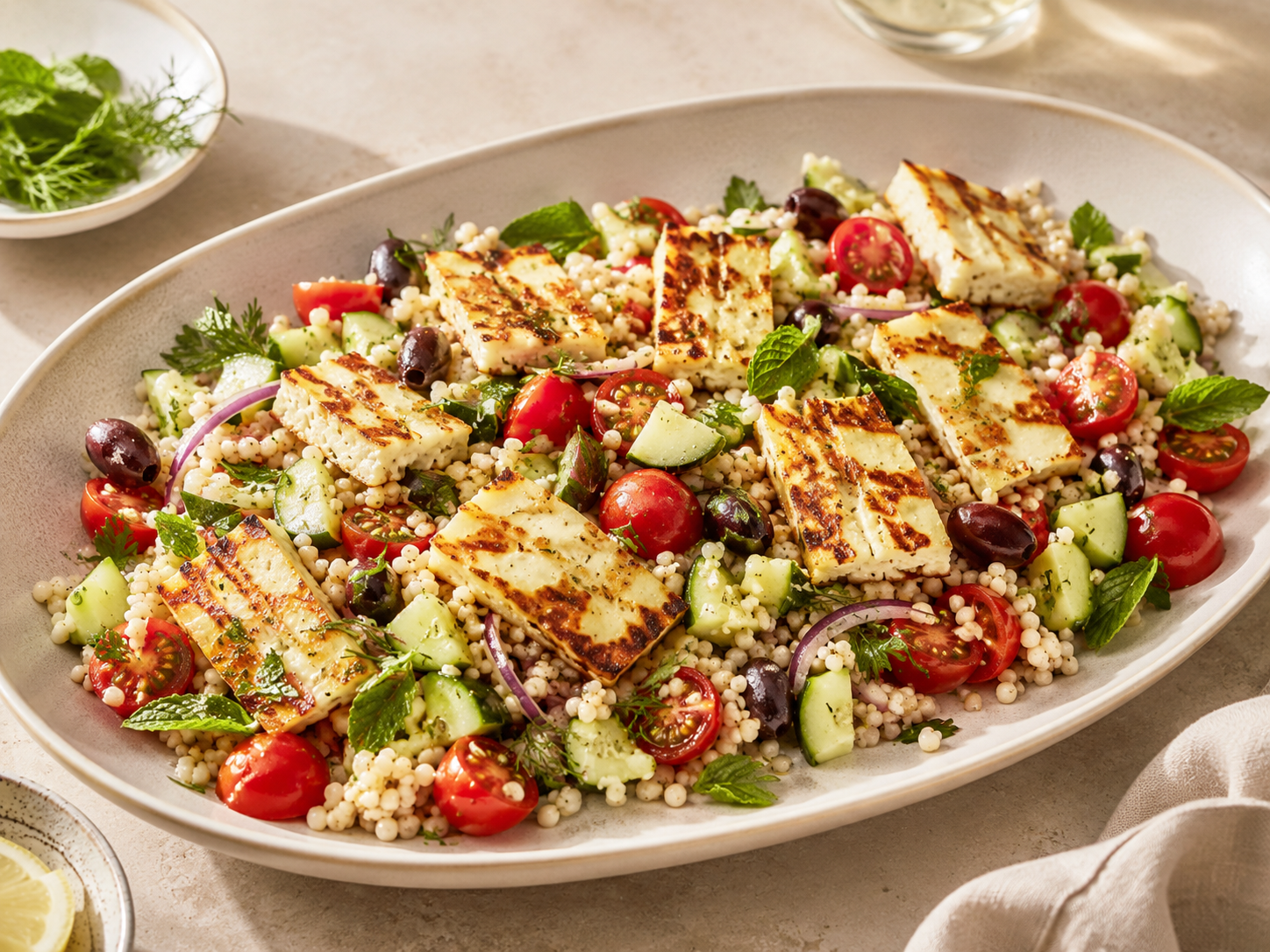 Mediterranean Pearl Couscous Salad with Grilled Halloumi