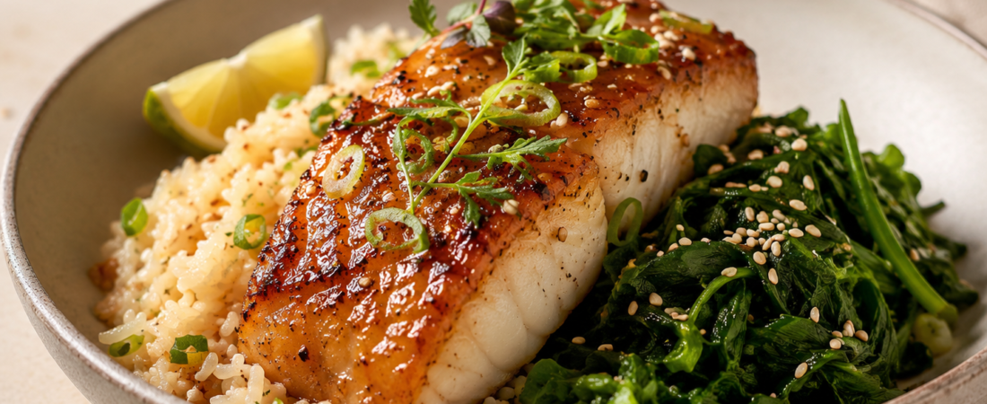 Miso-Glazed cod with sesame greens & ginger rice