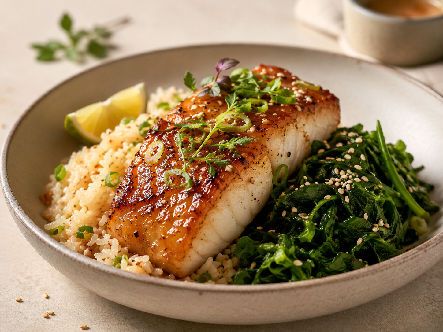 Miso-Glazed cod with sesame greens & ginger rice