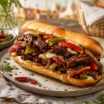 Sizzling plant-based beef and peppers sandwich with caramelized onions, bell peppers, and a savory black pepper glaze on a ceramic plate.