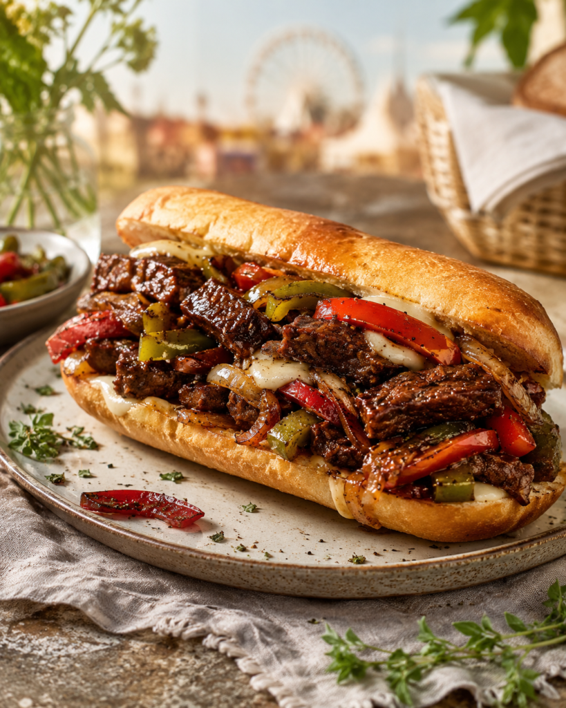 Sizzling plant-based beef and peppers sandwich with caramelized onions, bell peppers, and a savory black pepper glaze on a ceramic plate.