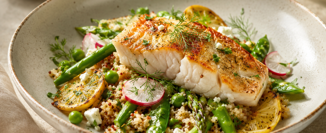 Seared Cod & Spring Quinoa Bowl with Lemon-Herb Dressing
