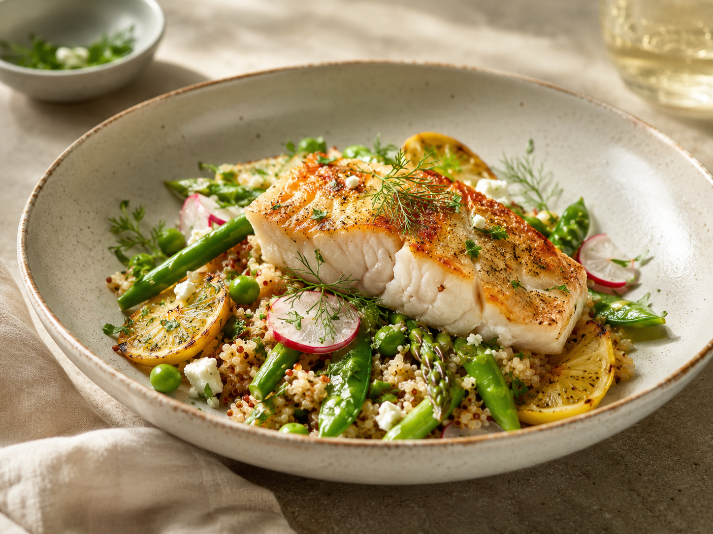 Seared Cod & Spring Quinoa Bowl with Lemon-Herb Dressing