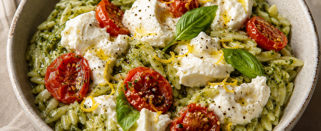 Pesto Orzo with Roasted Tomatoes & Burrata