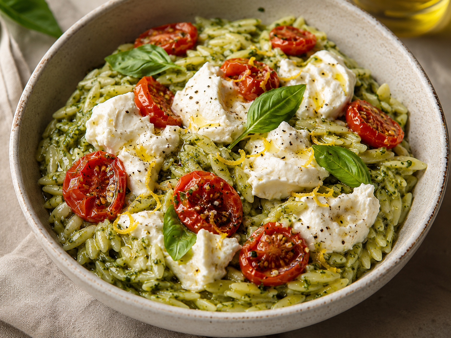Pesto Orzo with Roasted Tomatoes & Burrata