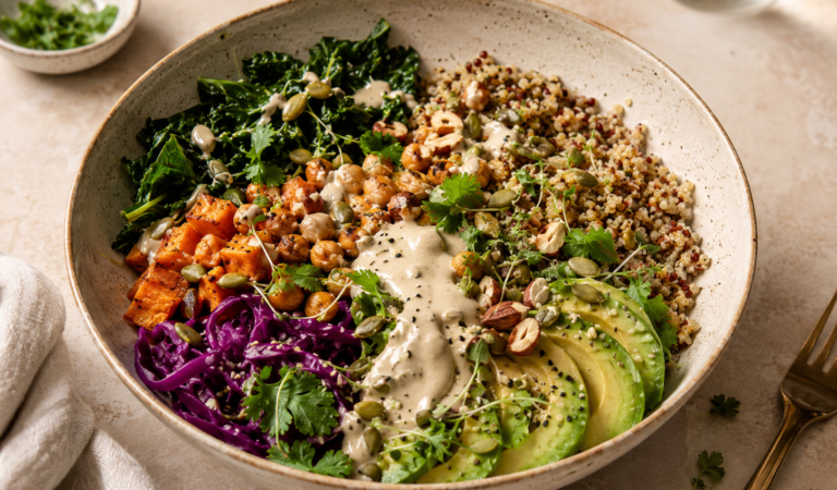Quinoa Power Bowl with Roasted Chickpeas, Avocado & Lemon Tahini Sauce