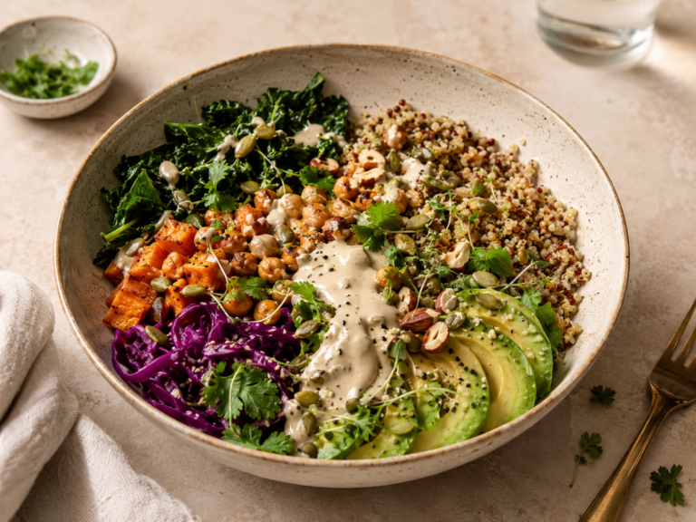 Quinoa Power Bowl with Roasted Chickpeas, Avocado & Lemon Tahini Sauce