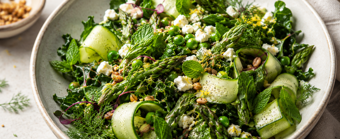 Green Spring Grain Salad with Broccolini, Cucumber Ribbons & Lemon Herb Vinaigrette