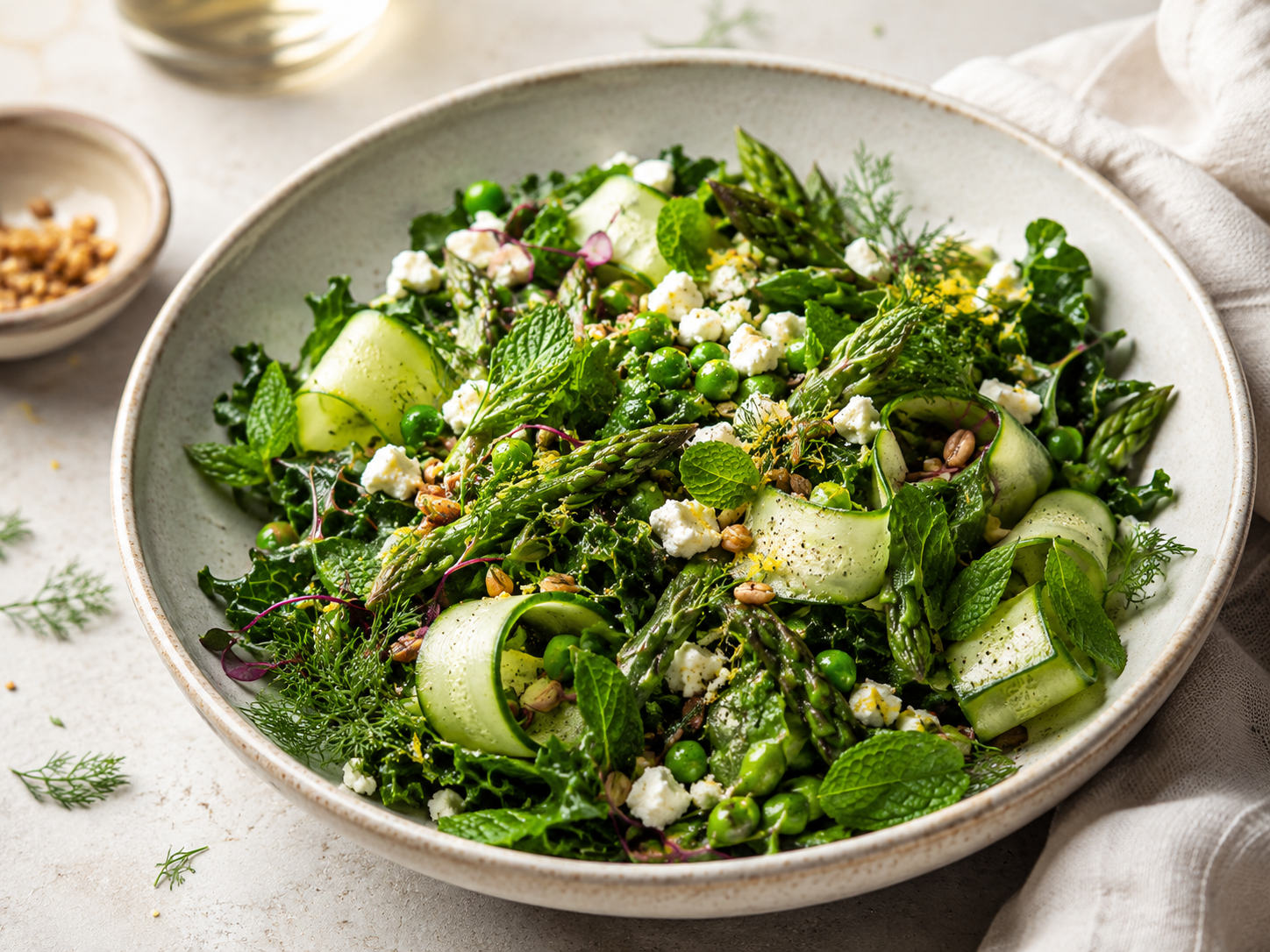 Green Spring Grain Salad with Broccolini, Cucumber Ribbons & Lemon Herb Vinaigrette