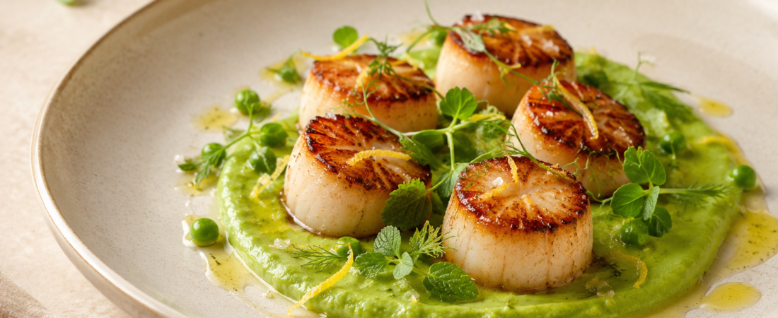 Seared Scallops with Lemon Pea Purée & Microgreens