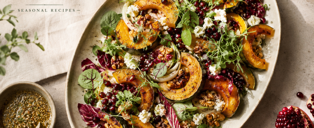 Roasted Delicata Squash Salad with Pomegranate, Feta & Maple Dijon Vinaigrette