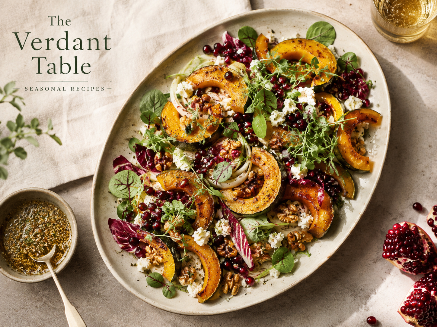 Roasted Delicata Squash Salad with Pomegranate, Feta & Maple Dijon Vinaigrette