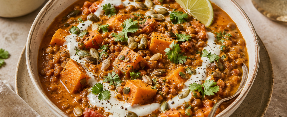 Spiced Lentil & Sweet Potato Stew with Coconut Cream