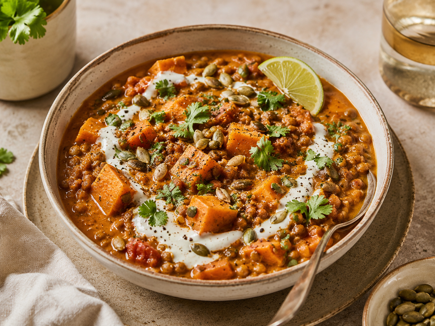 Spiced Lentil & Sweet Potato Stew with Coconut Cream