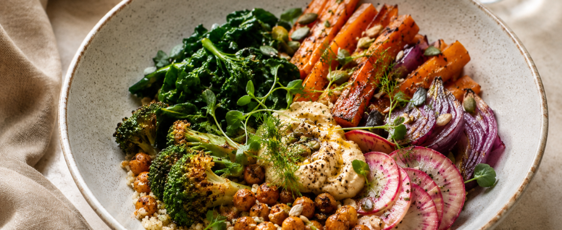Roasted Vegetable Couscous Bowl with Crispy Chickpeas & Lemony Hummus