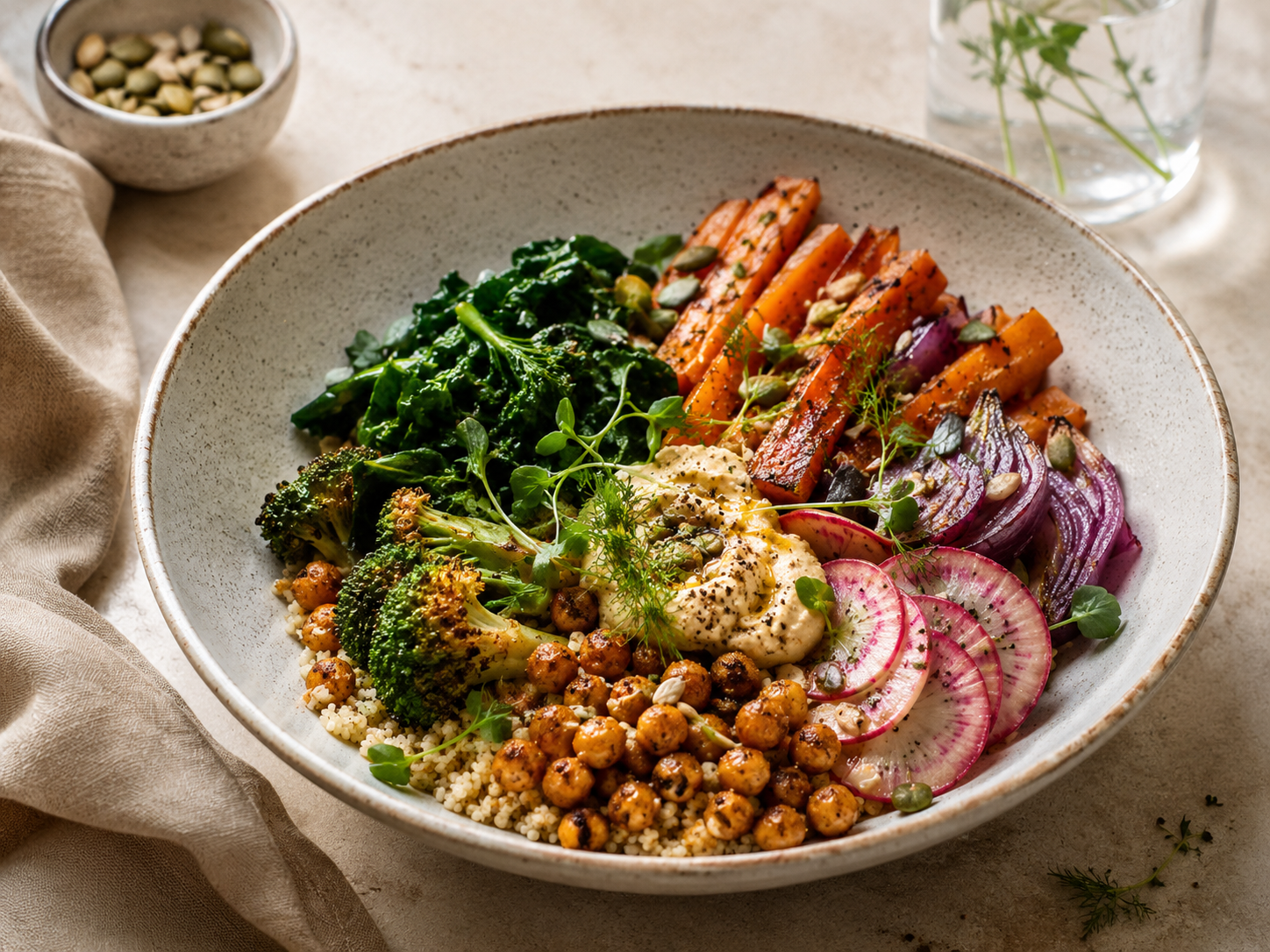 Roasted Vegetable Couscous Bowl with Crispy Chickpeas & Lemony Hummus