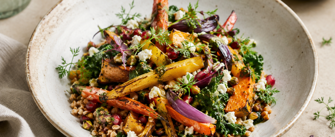 Roasted Carrot & Squash Farro Bowl with Herbed Kale, Feta & Pomegranate