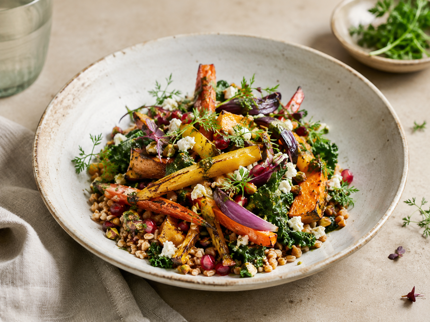 Roasted Carrot & Squash Farro Bowl with Herbed Kale, Feta & Pomegranate