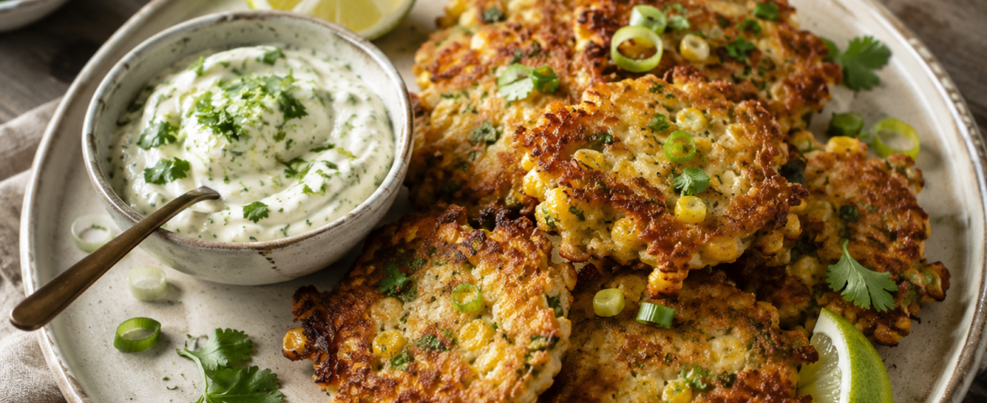Sweet Corn & Scallion Fritters with Herbed Lime Crema
