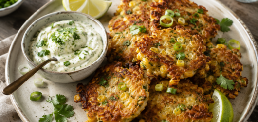 Sweet Corn & Scallion Fritters with Herbed Lime Crema