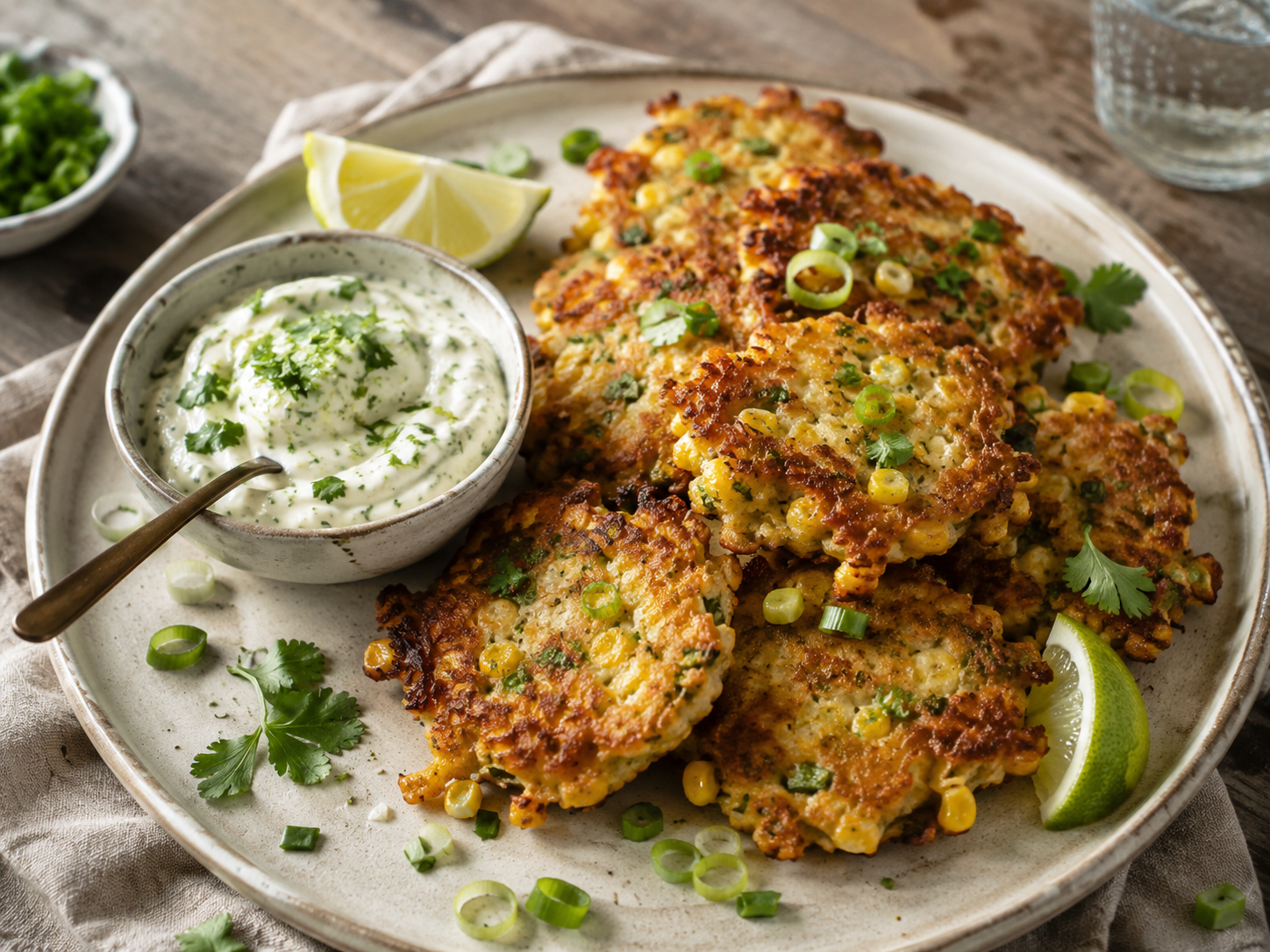 Sweet Corn & Scallion Fritters with Herbed Lime Crema
